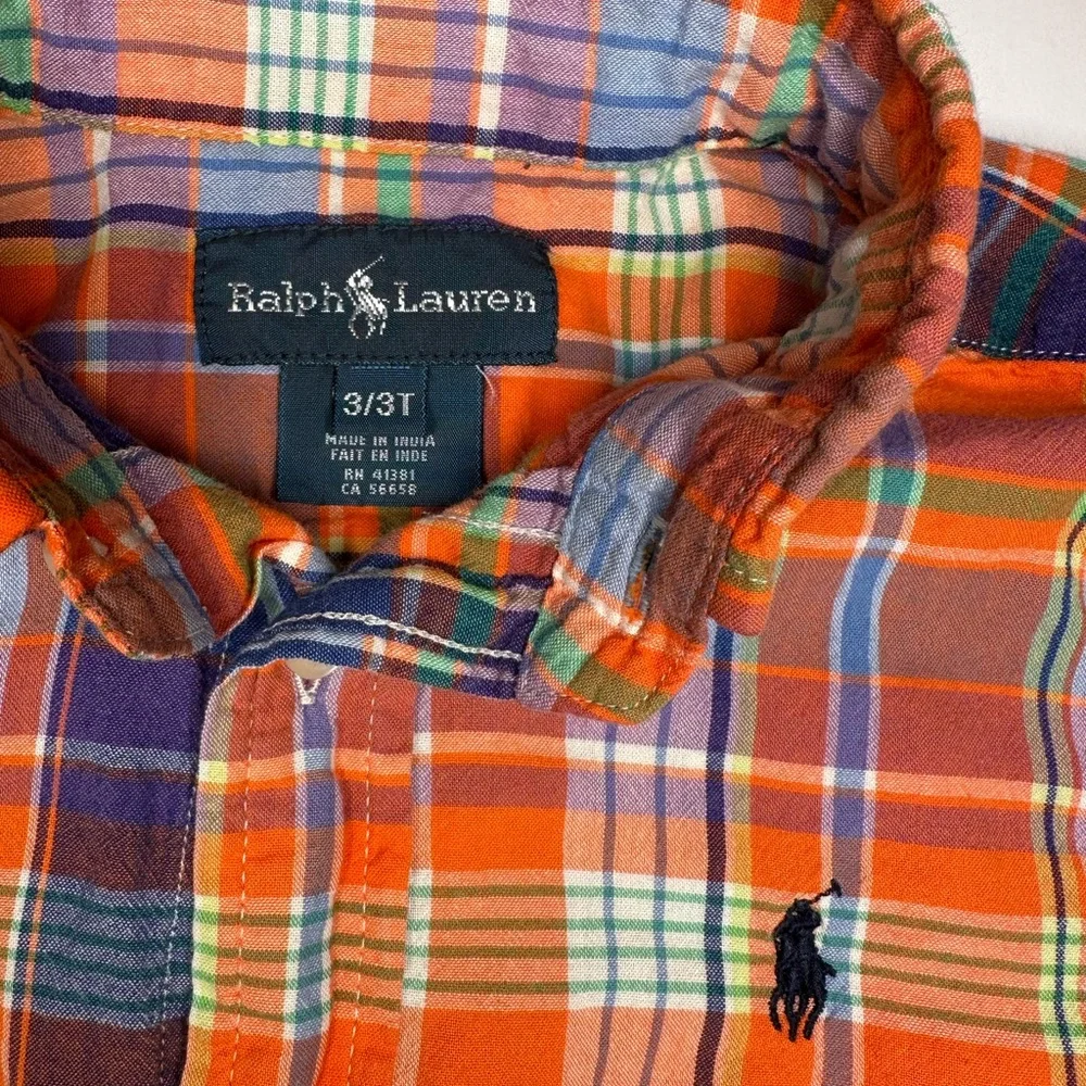 Ralph Lauren Kids Plaid Shirt - Orange and Blue Short Sleeve‎ Pony Logo 3T
